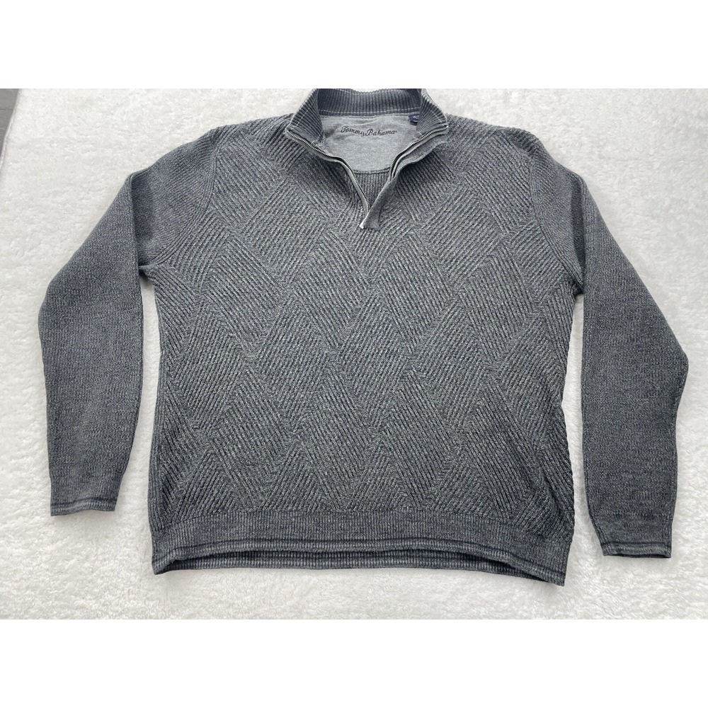 Tommy Bahama Mens Grey 100% Pima Cotton Diamond Texture Quarter Zip Sweater XL